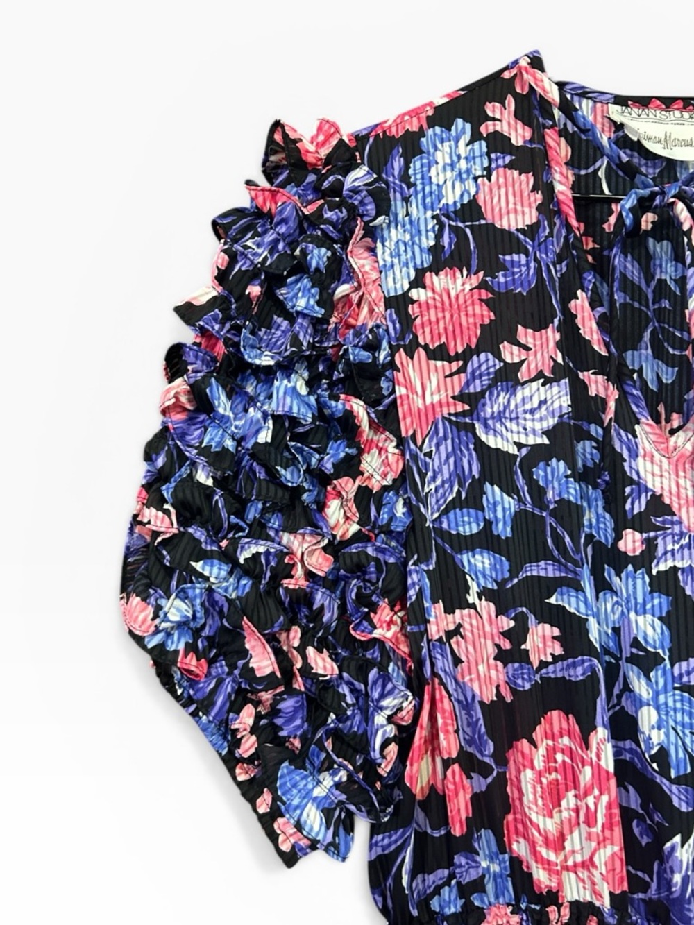 Vintage Neiman Marcus Janan Studio Floral Ruffle Sleeves Tiered Skirt Dress - Picture 5 of 11